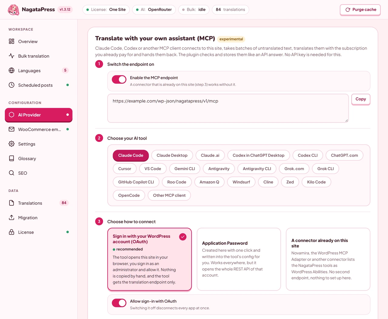 The card for translating with your own assistant, with the endpoint switch, the tool list, the connection methods and the setup check
