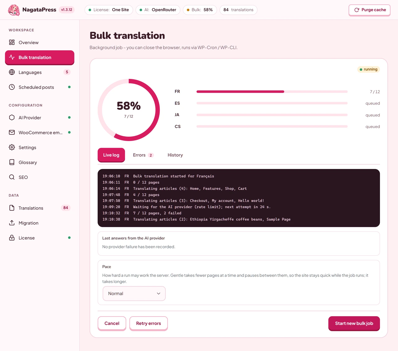 The Bulk translation screen with the circular progress, the language bars, the tabs Live log, Errors and History, the provider answers and the pace setting