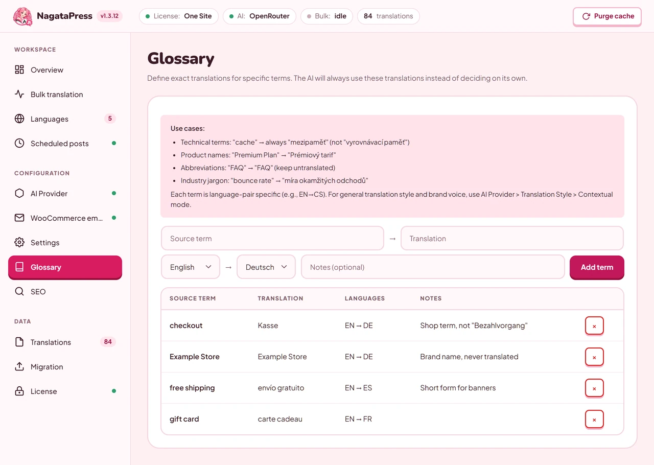The Glossary screen with the fields for a term, its translation and language pair, and the list of terms