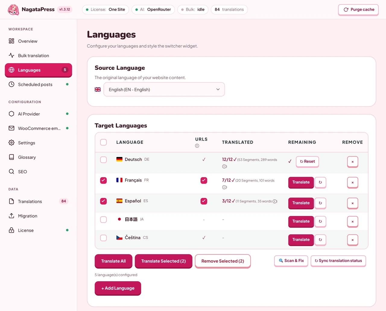 The Languages screen with the source language, the table of target languages and the URL format cards
