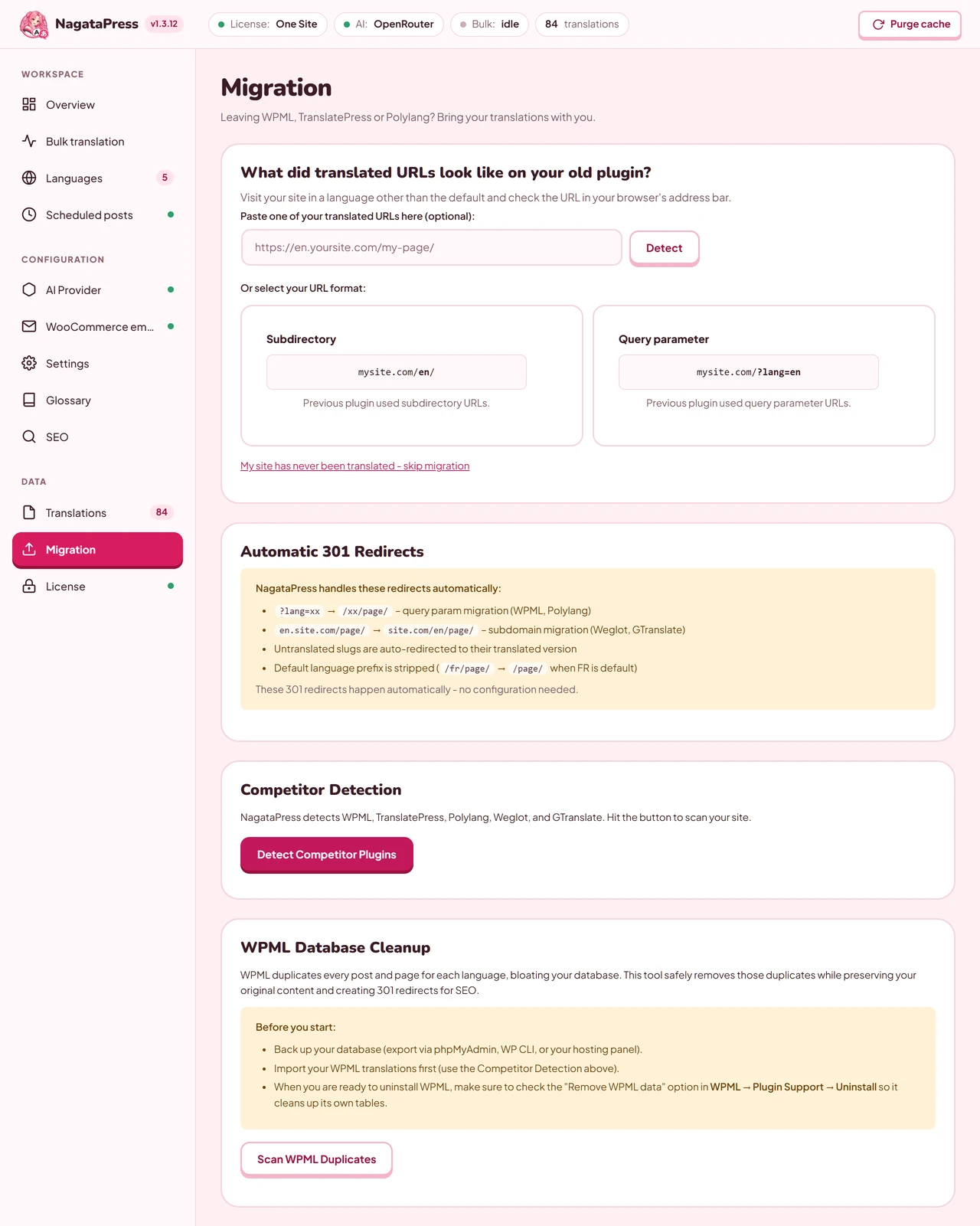The Migration screen with the question about the old URL format, the automatic redirects, the detection of other translation plugins and the WPML cleanup