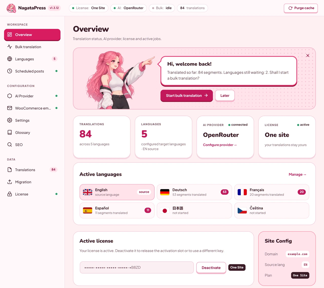 The NagataPress Overview screen with the license, languages, auto-translate, cache, translation style and word count cards