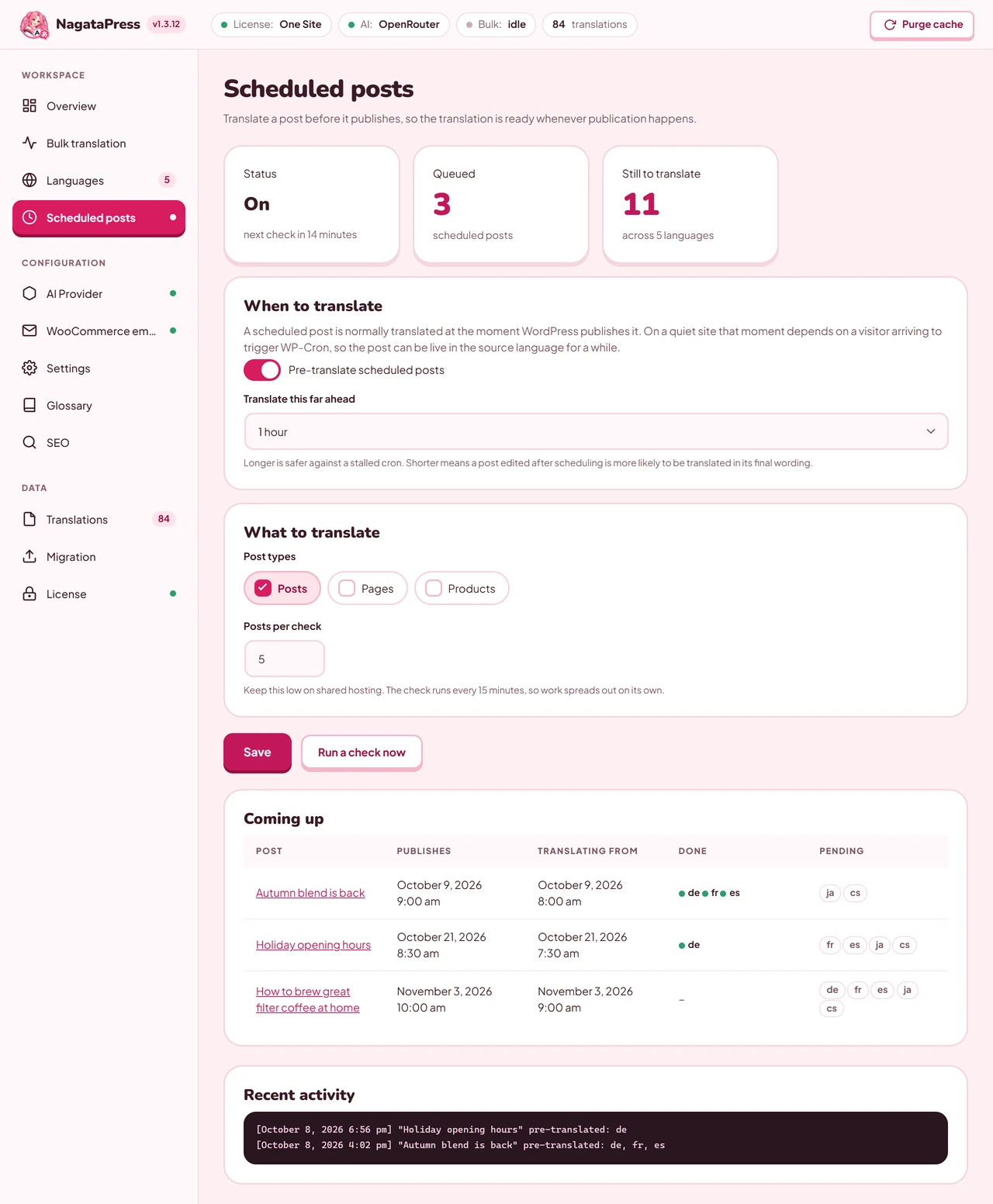 The Scheduled posts screen with its switch, the lead time, the post types and the list of coming posts