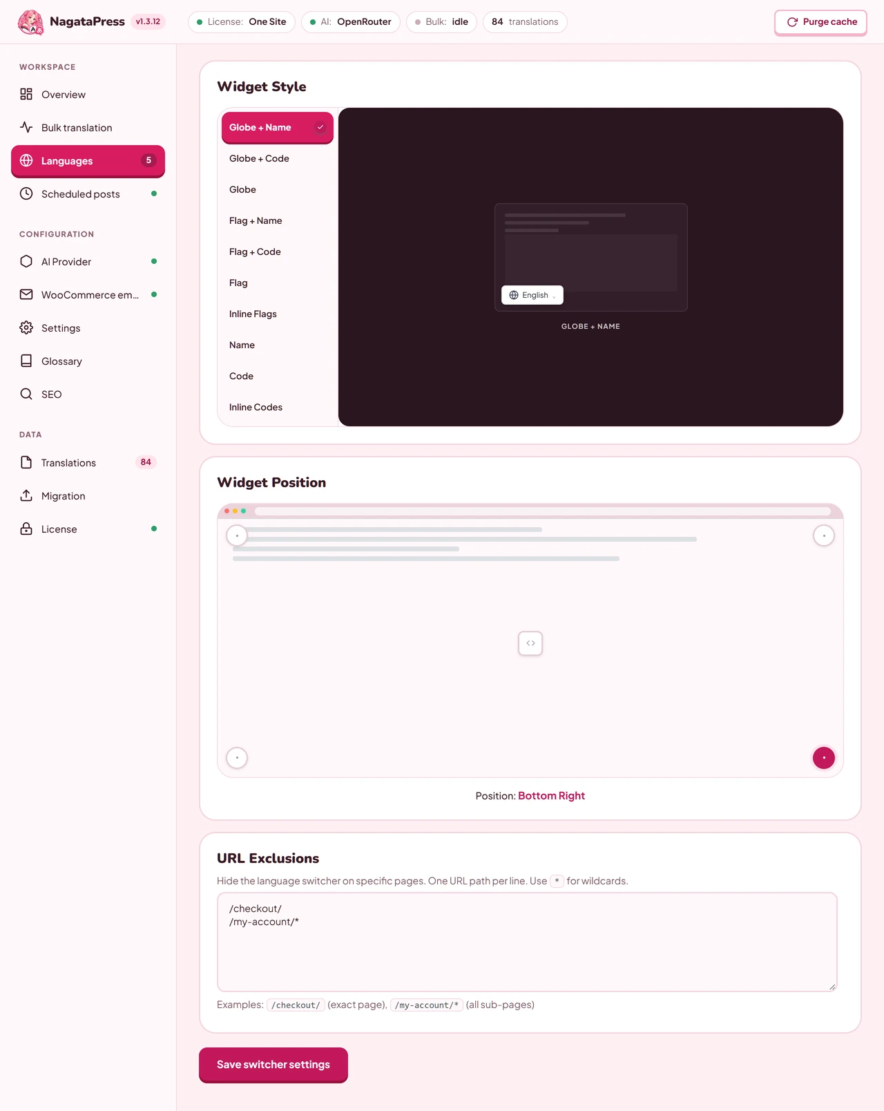 The Widget Style, Widget Position and URL Exclusions cards with the list of ten styles, a live preview, the position selector and the list of excluded paths
