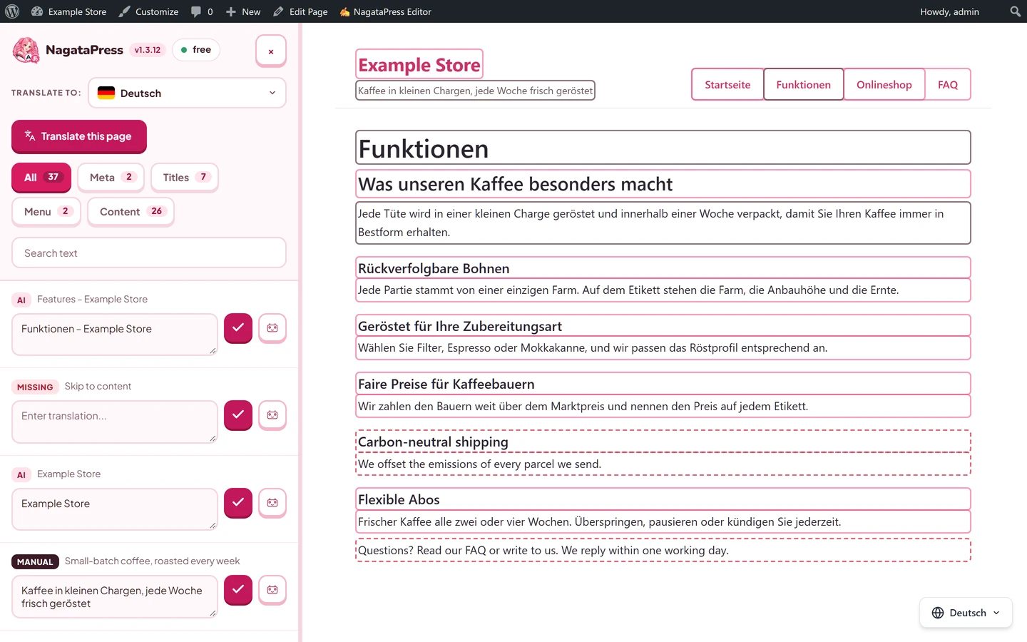 The visual editor sidebar on a translated page, with the language picker, the category tabs and a list of texts with their status