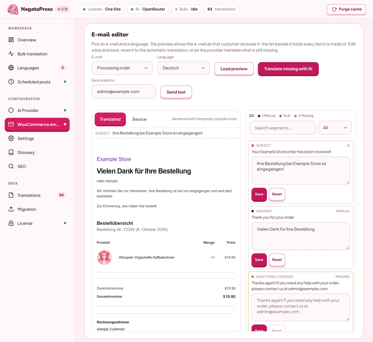 The WooCommerce emails screen with the switches, the email editor with its preview and the list of texts, and the wording overrides